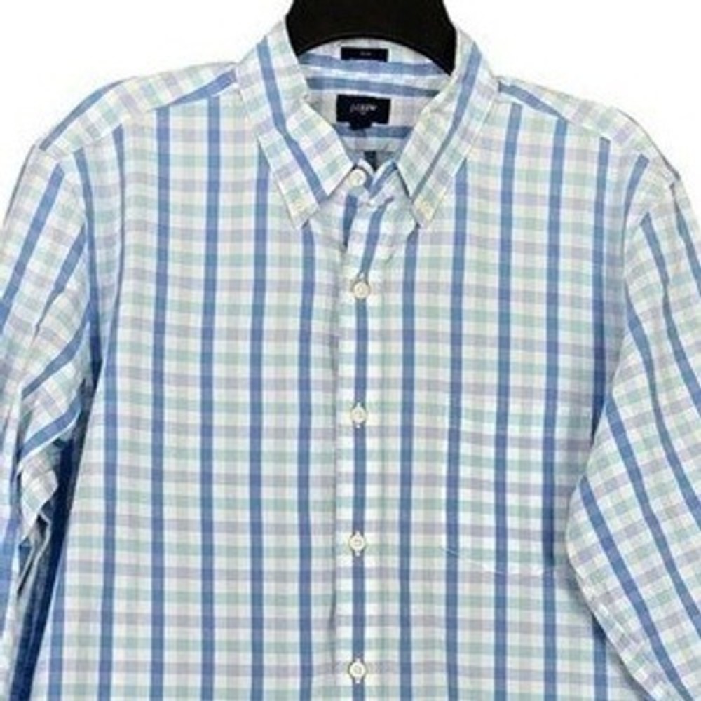 J Crew Slim Fit Office Shirt Mens L Blue Gingham Plaid Button Up Preppy Classic